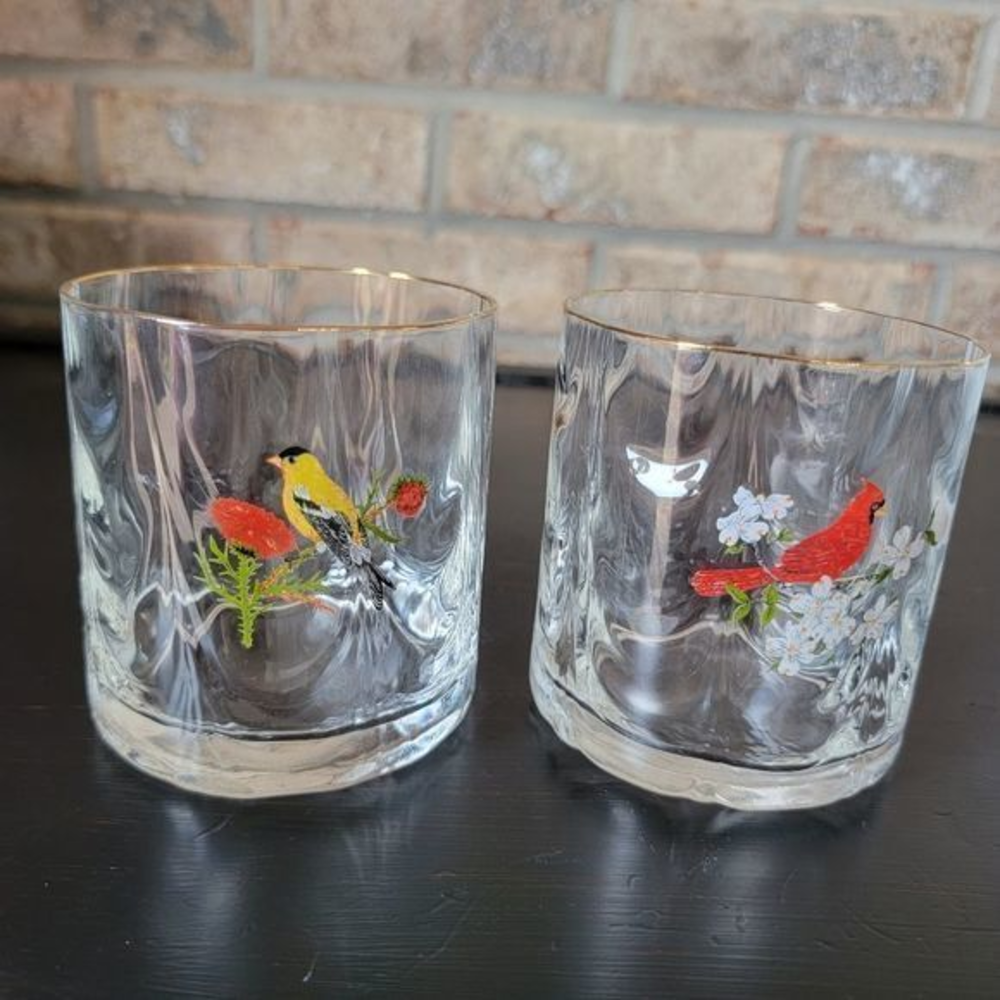 Bird Cardinal and Gold Finch lowball cocktail glasses gold rim wavy glass